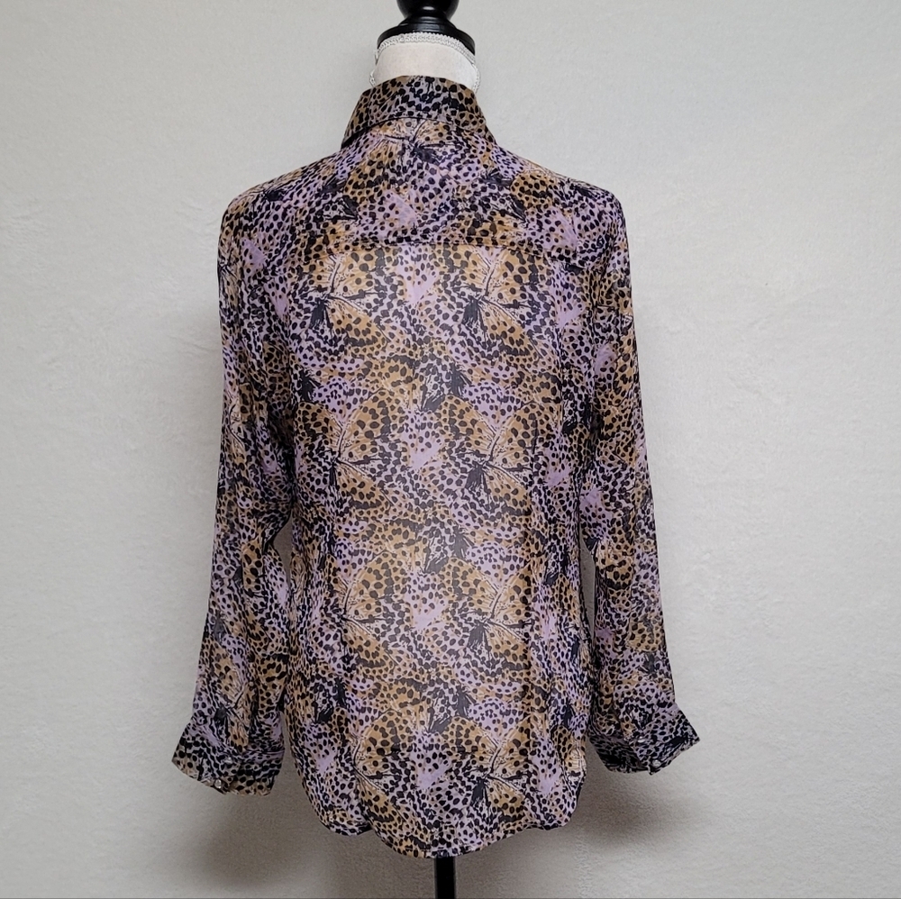 Vintage Cumberland Outfitters Leopard Butterfly Print Button Up Chiffon Blouse M - Picture 10 of 14